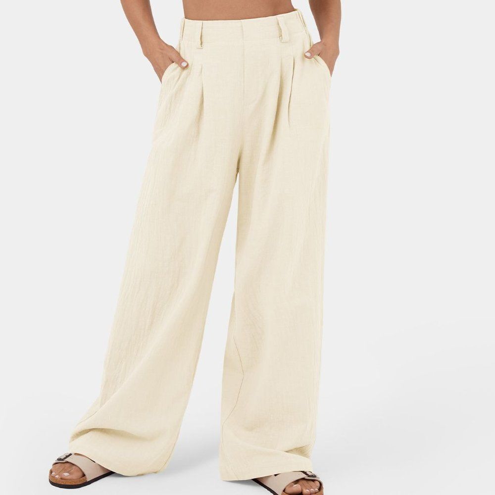 High Waisted Plicated Wide Leg Flowy Solid Palazzo Casual Cotton Pants